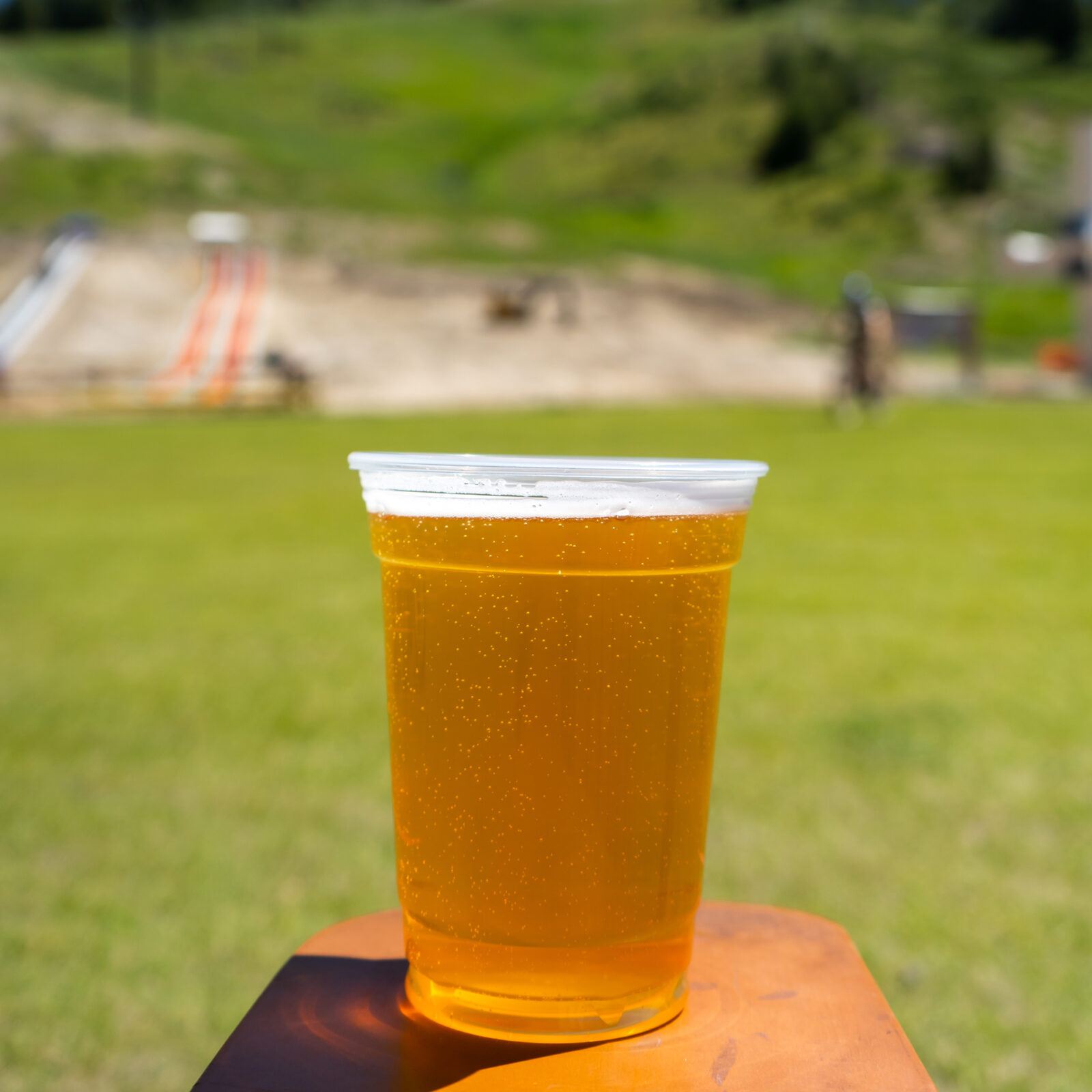 Close Up Of A Pint Of Beer In Clear Plastic Cup With Base Area Lawn In Background Summer 2020 Food And Beverage At Bogus Basin Mountain Recreation Area 1920px1920px