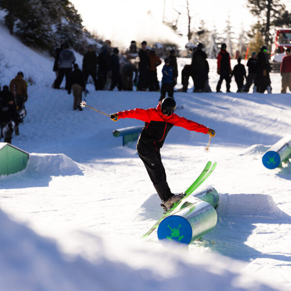 Terrain Park Opening Weekend Unknown Skier Red Jacket ZTube Exit Winter 2025 At Bogus Basin Photo By Cassidy Carter